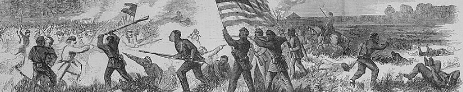 The Civil War battle of Milliken's Bend, showing African-American soldiers holding their ground against a Confederate attack, as imagined by an artist from Harper's Weekly, published July 4, 1863.