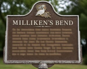 Rendering of a historical marker for the Civil War battle of Milliken's Bend, near Tallulah, Madison Parish, Louisiana, an important historic site in Black history.