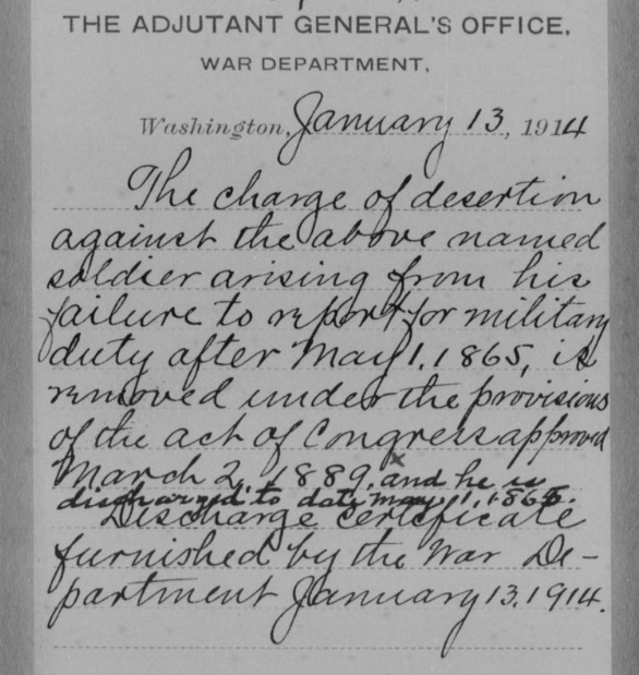 Document dated 1914 removing charge of desertion from the Civil War record of Samuel Brooks of the 46th U.S. Colored Infantry